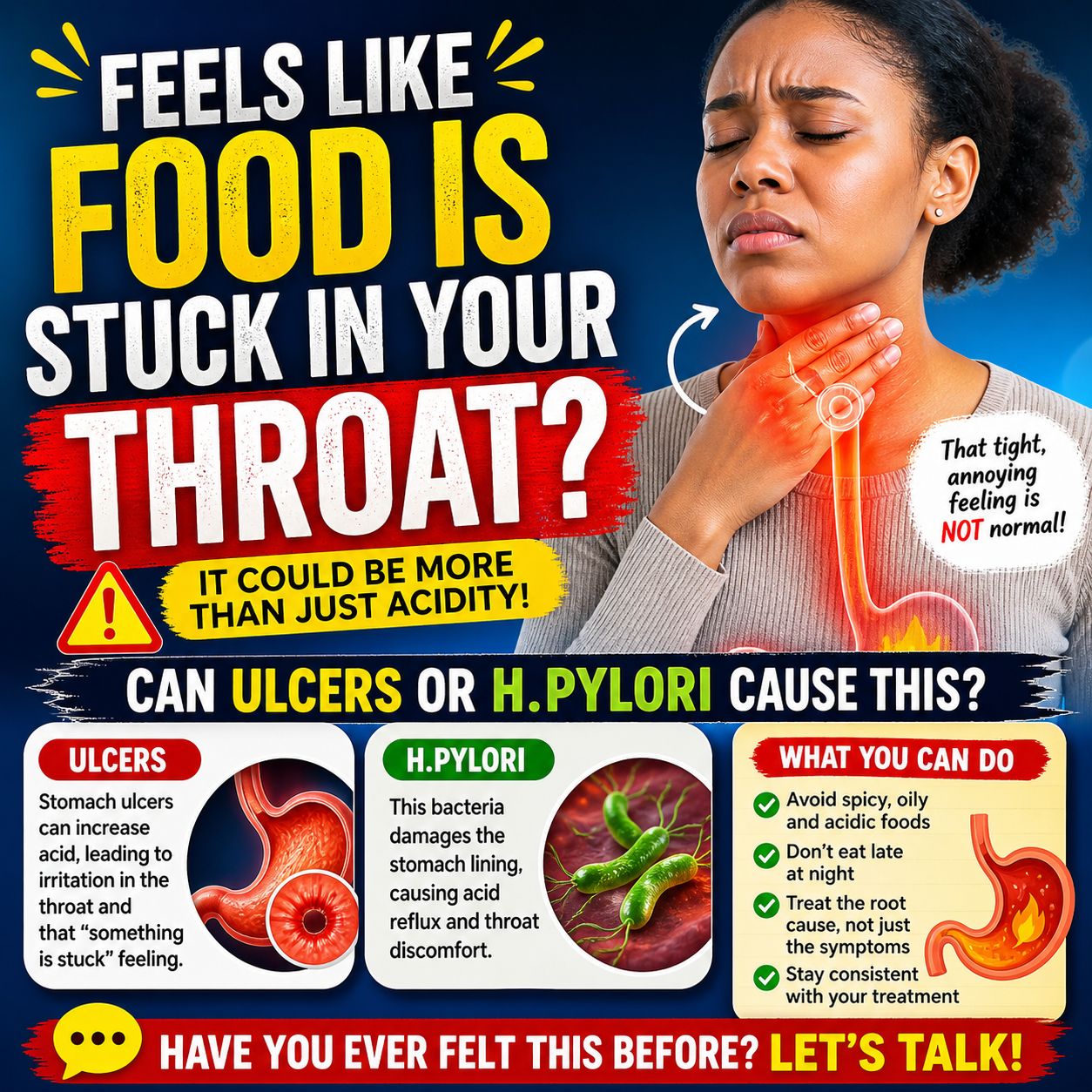 What helps with feeling of something stuck in throat after eating?