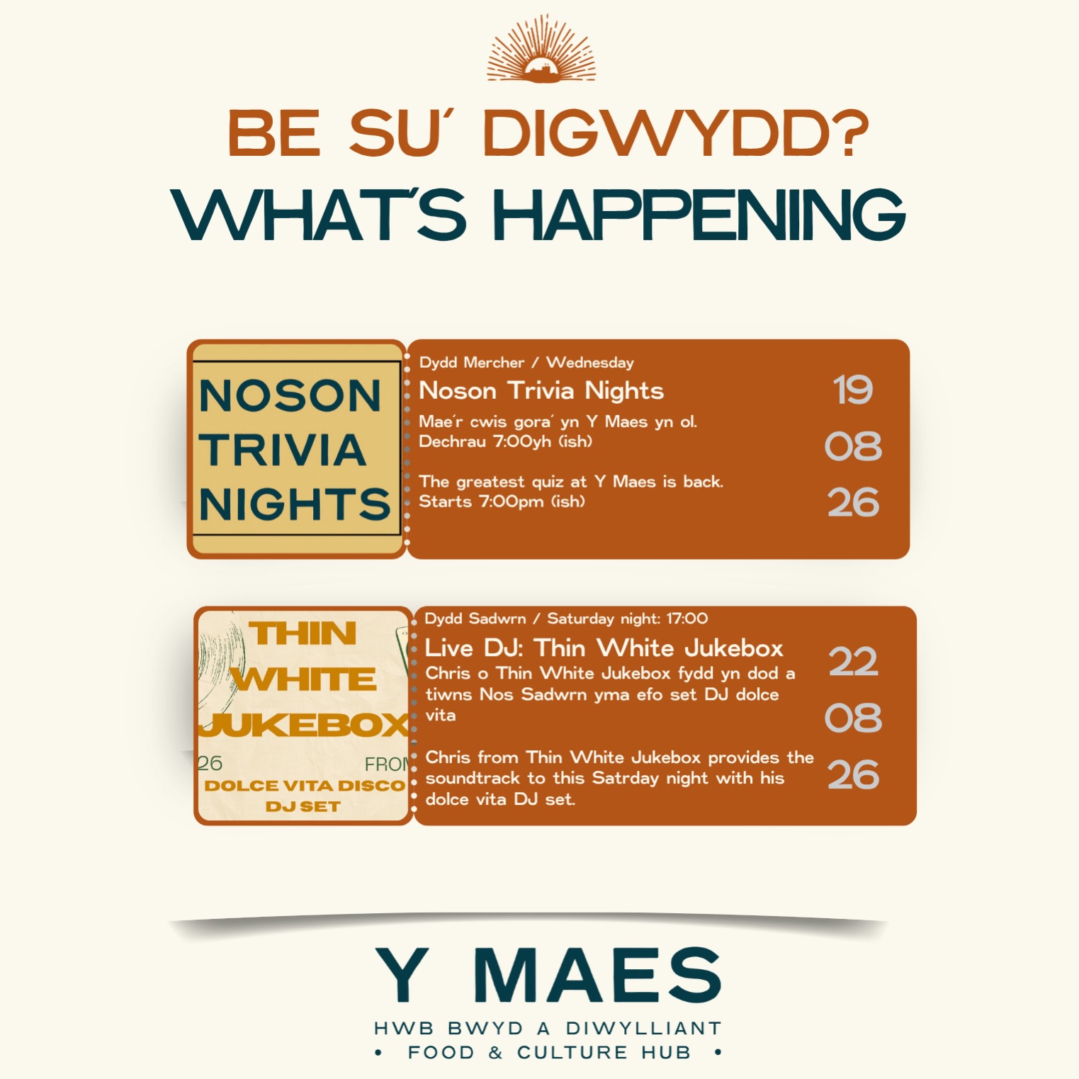 👀BE SU' DIGWYDD / WHAT'S HAPPENING? 🗓️NOS FERCHER / WEDNESDAY