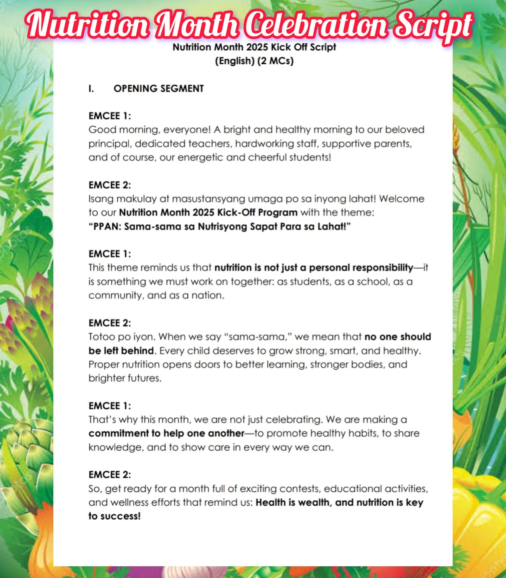 MOTHER TONGUE GRADE 3 | MC SCRIPT FOR NUTRITION MONTH 😍😍 | Facebook
