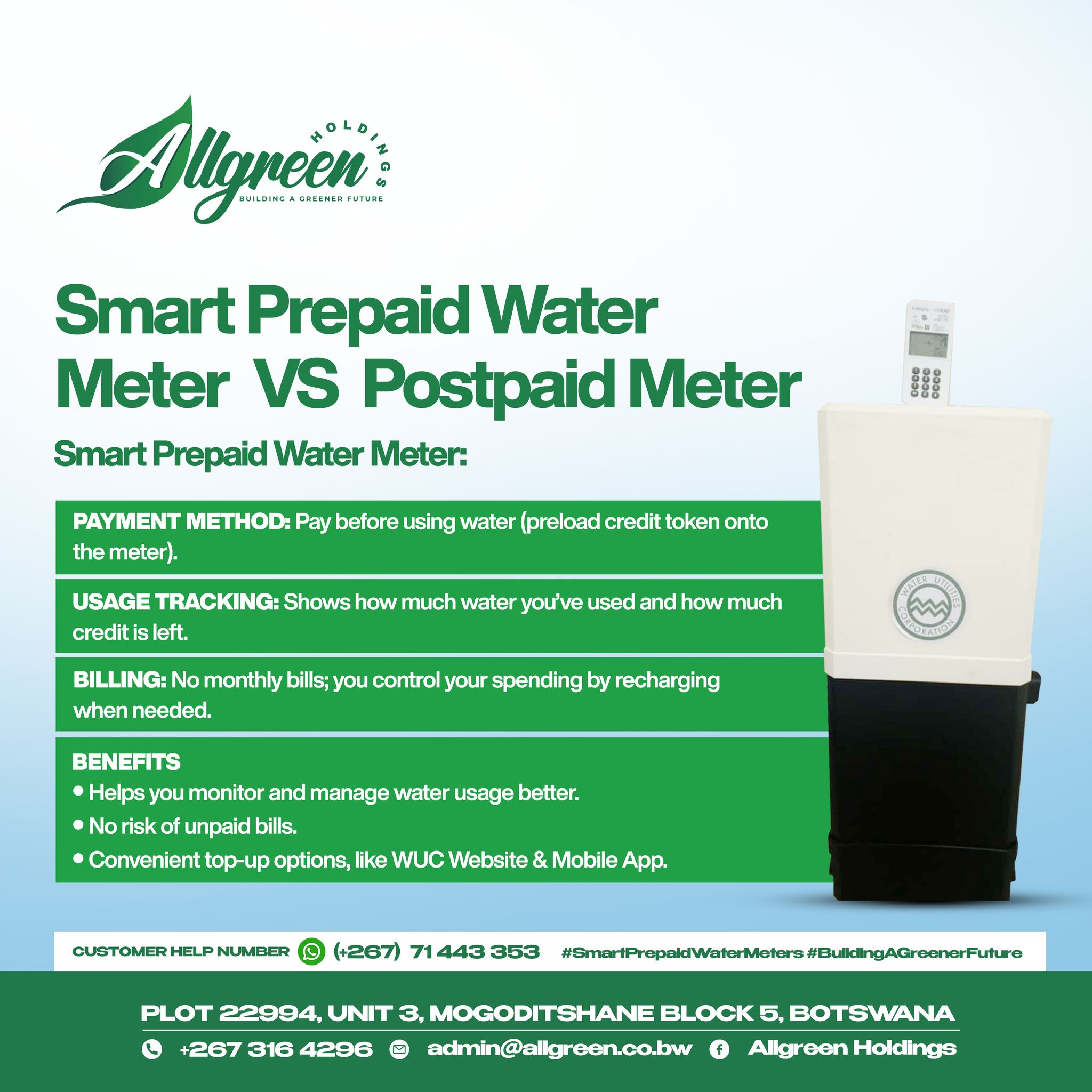 With our Smart Prepaid Water Meters,... - Allgreen Holdings | Facebook