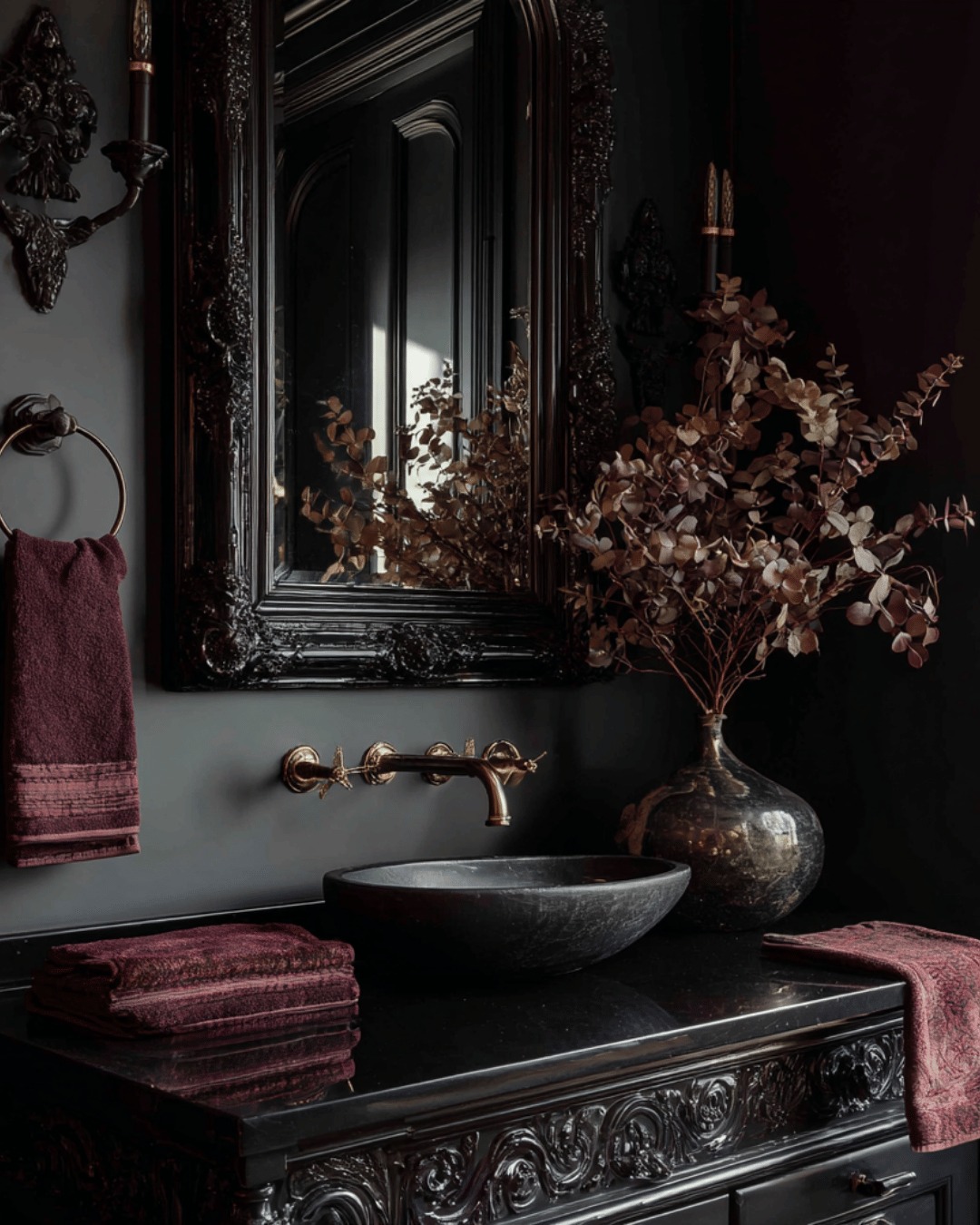 NikkiAnne - A moody powder room embracing fall with burgundy towels ...