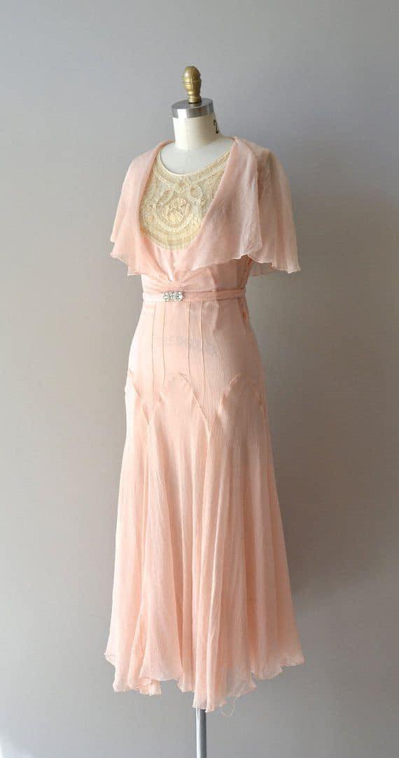 1920s chiffon dress Grey and lace with long slit sleeves speakeasy events Vintage 1920s pale pink silk