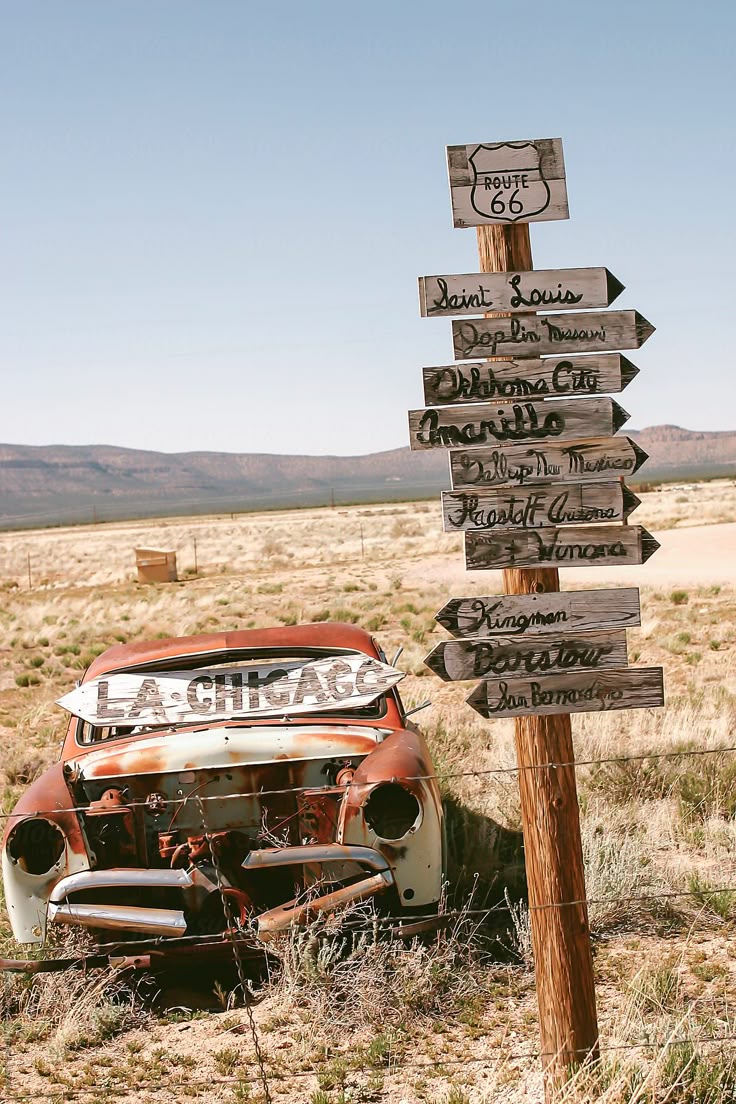 Historic Route 66 scene with vintage car and signpost