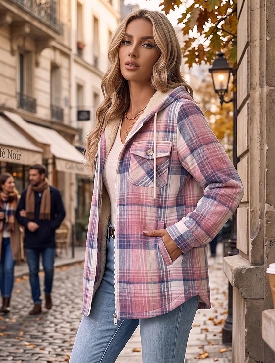 ❄️ Stay warm & stylish! 🧥 This hooded plaid shacket makes the