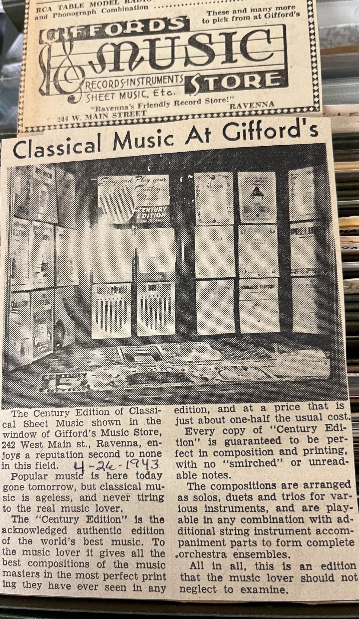 Ravenna's Gifford's Music Store in 1940s