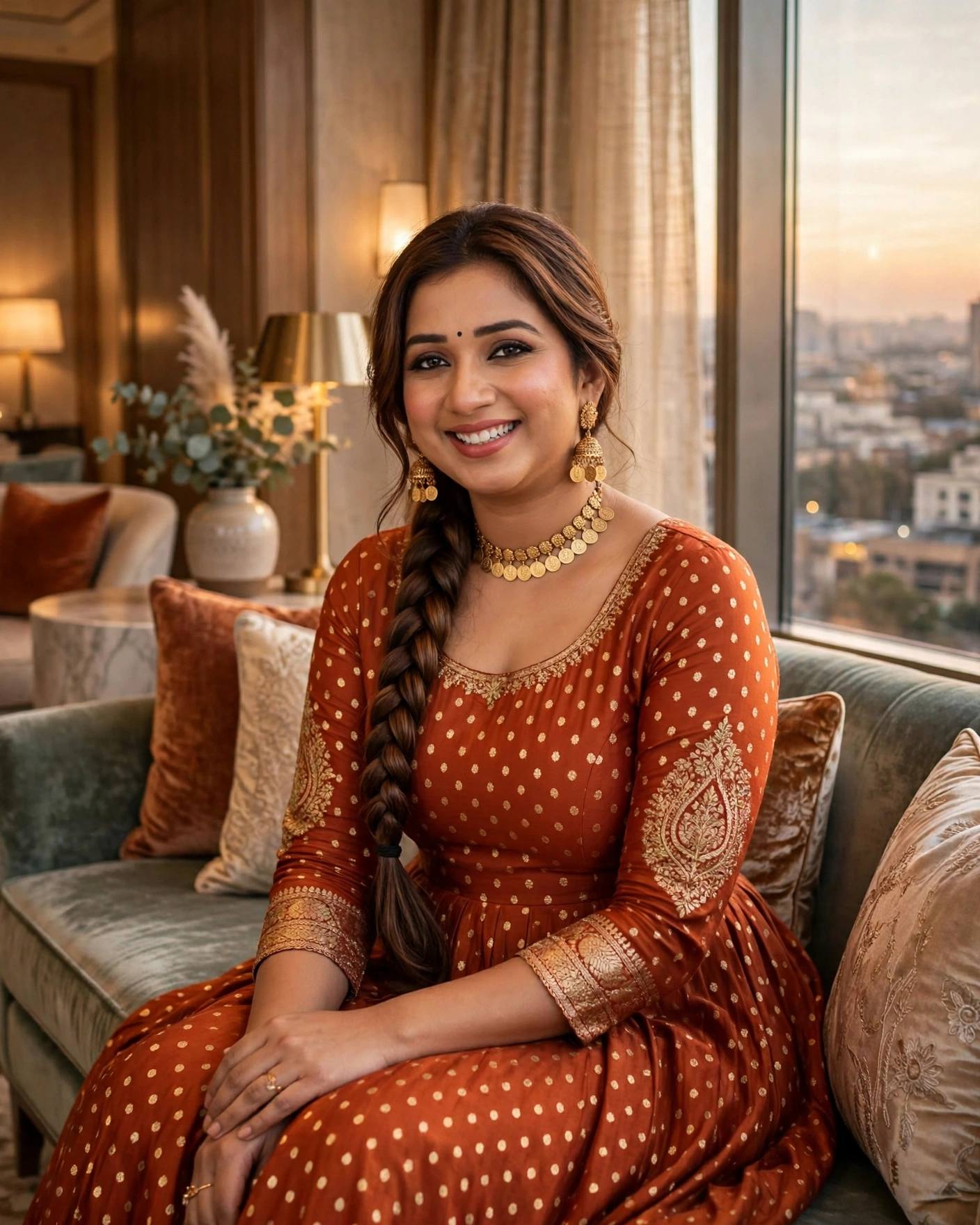 shreya ghoshal dress designer in traditional orange Anarkali shreya ghoshal dress collection Hand sewing beading on Size:9 yrs summer collection