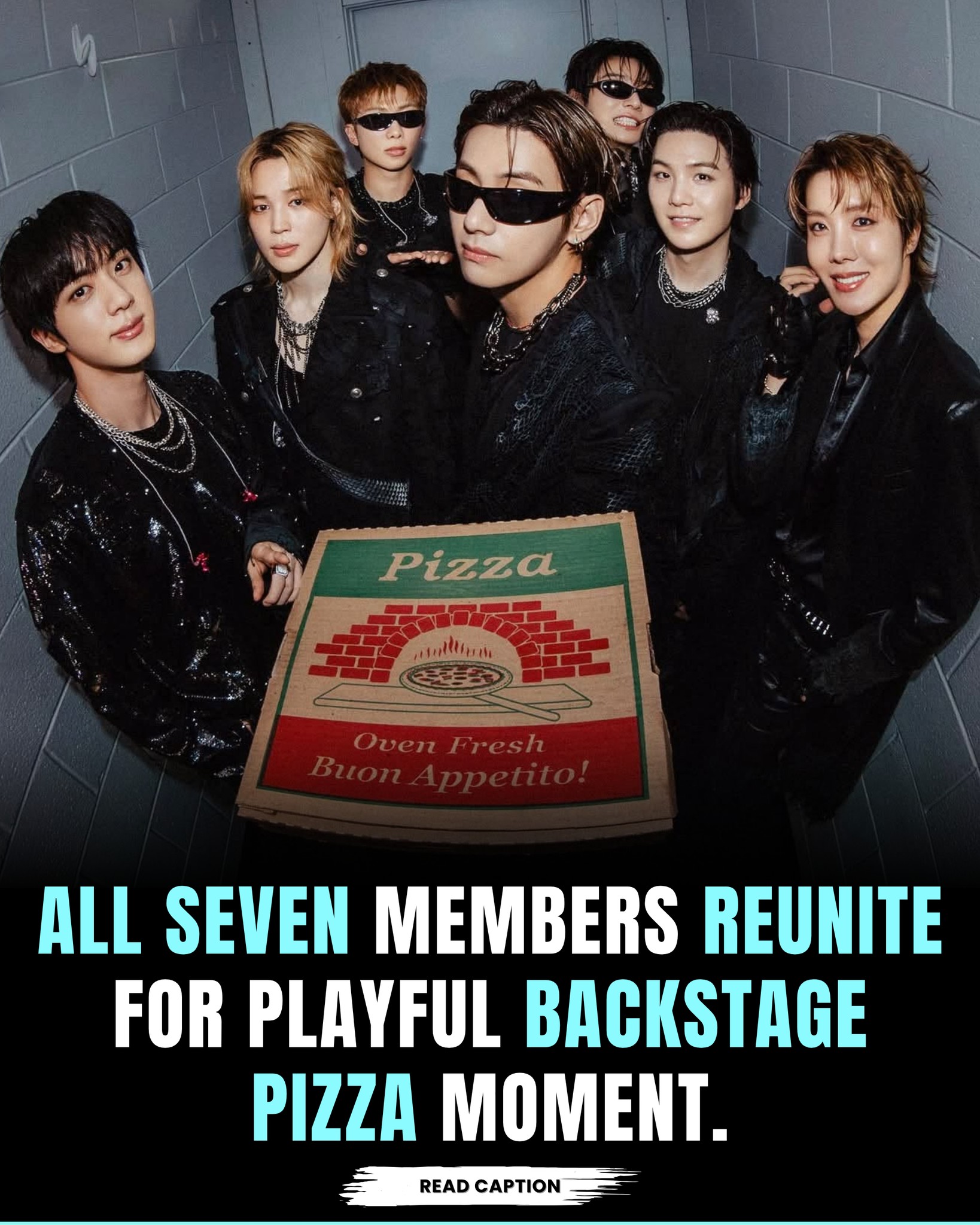 BTS members pose with pizza in playful backstage photo