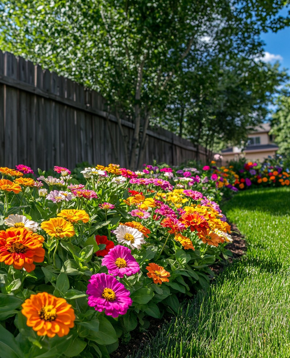 How to create a vibrant garden border with zinnias, daisies, and