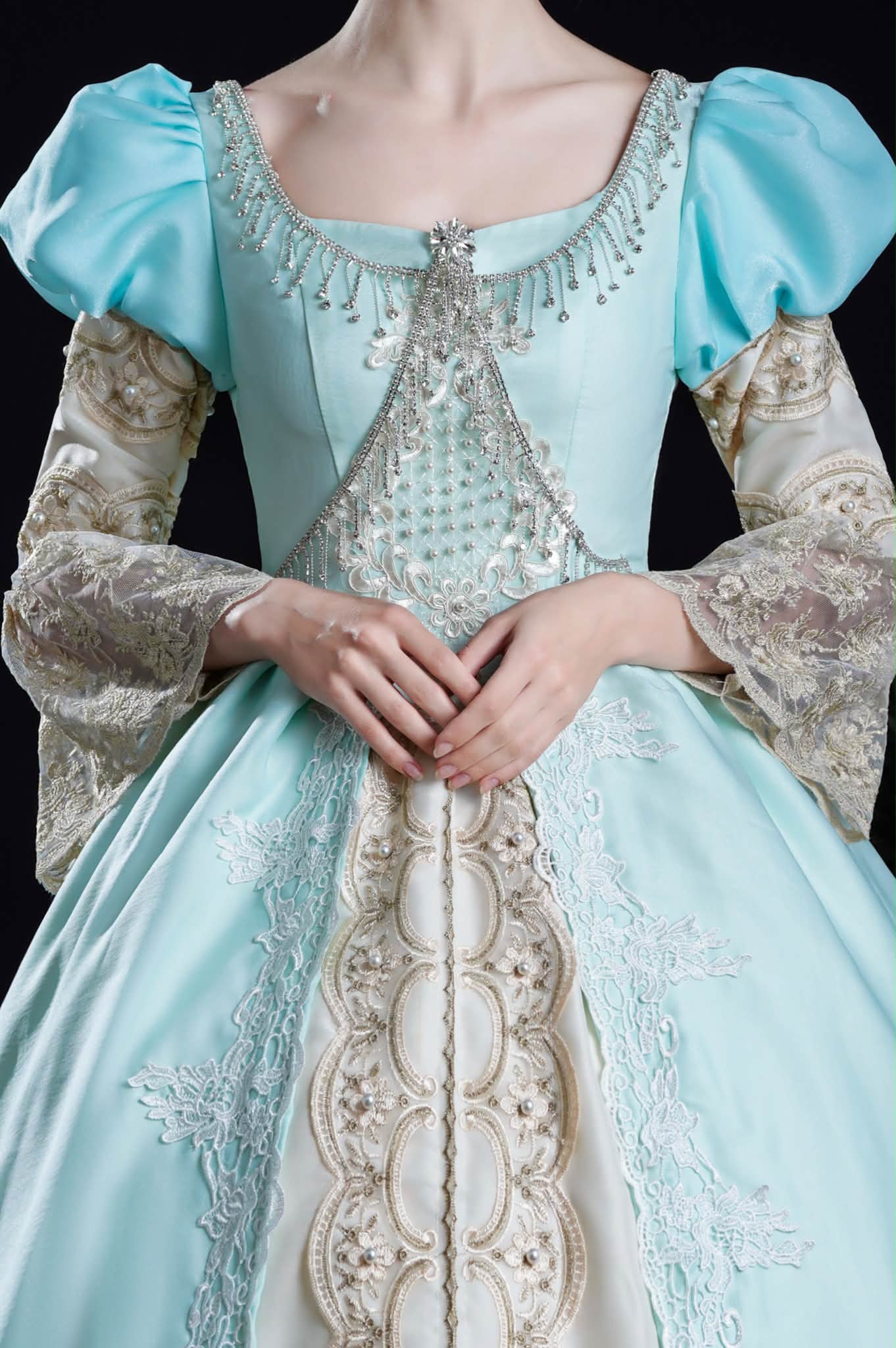 Aqua Serenade Satin Ball Gown with Gold Lace Panel