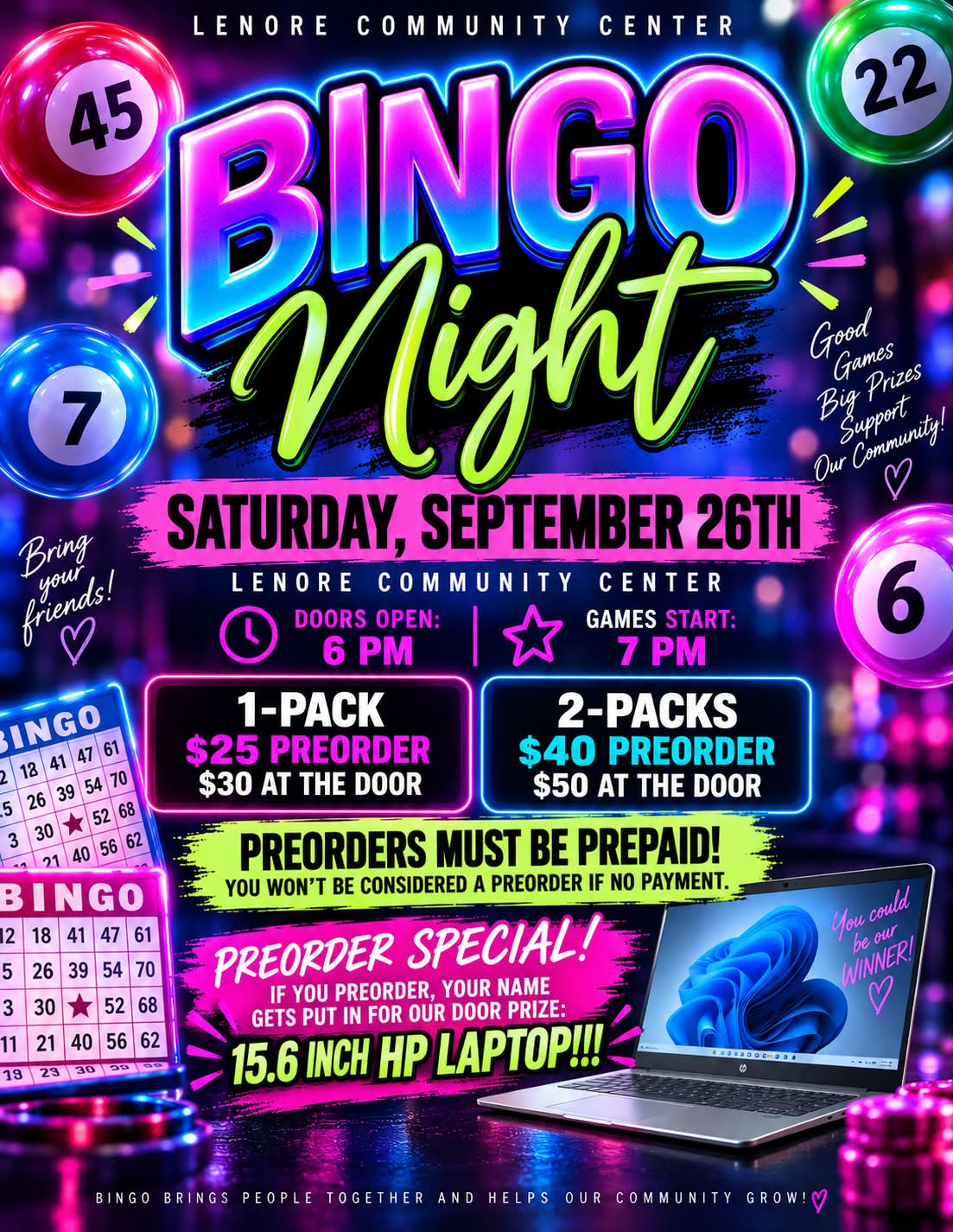 Lenore Community Center Bingo Night with Prizes and Laptop