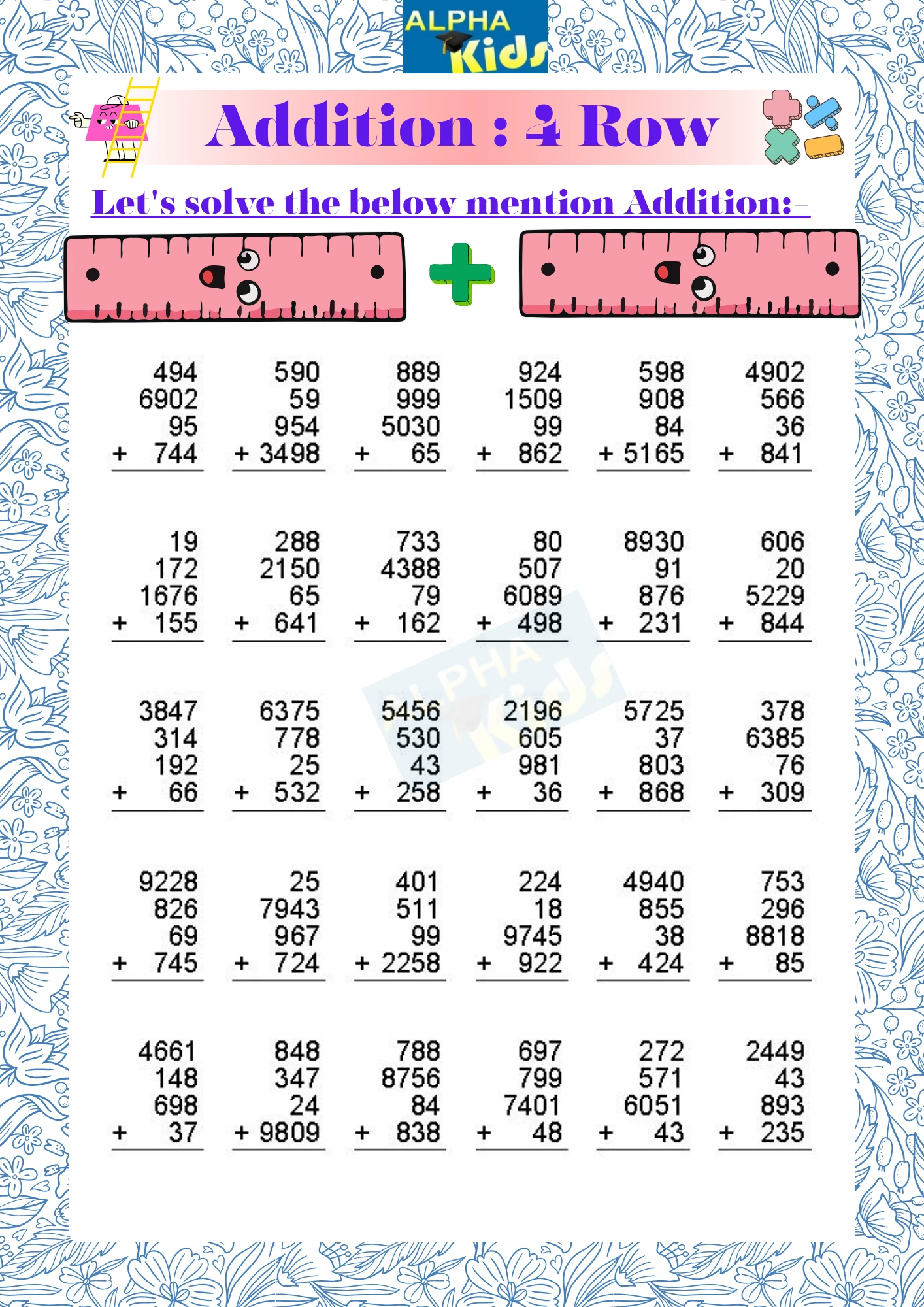 Amazing 3/4 Row Addition Math Worksheets for Students Parents Teachers ...
