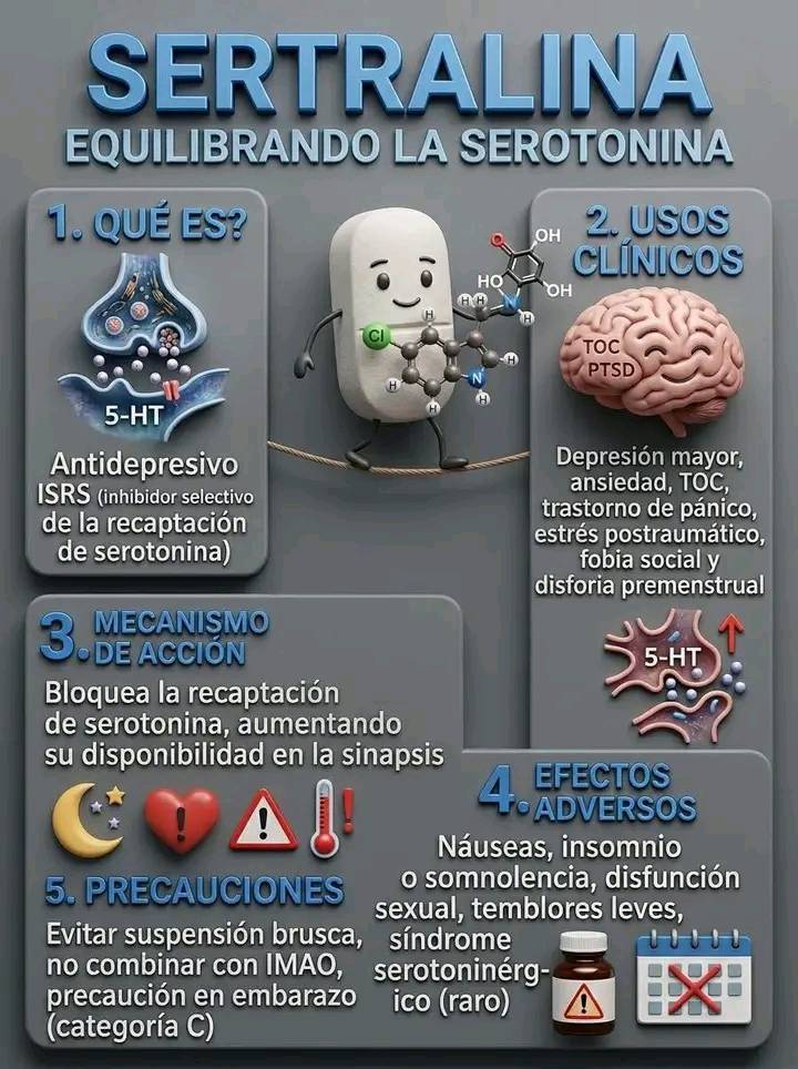 La sertralina es un medicamento del grupo de los antidepresivos conocidos como ISRS (inhibidores selectivos de la recaptación de serotonina). Su función principal es aumentar la disponibilidad de sero