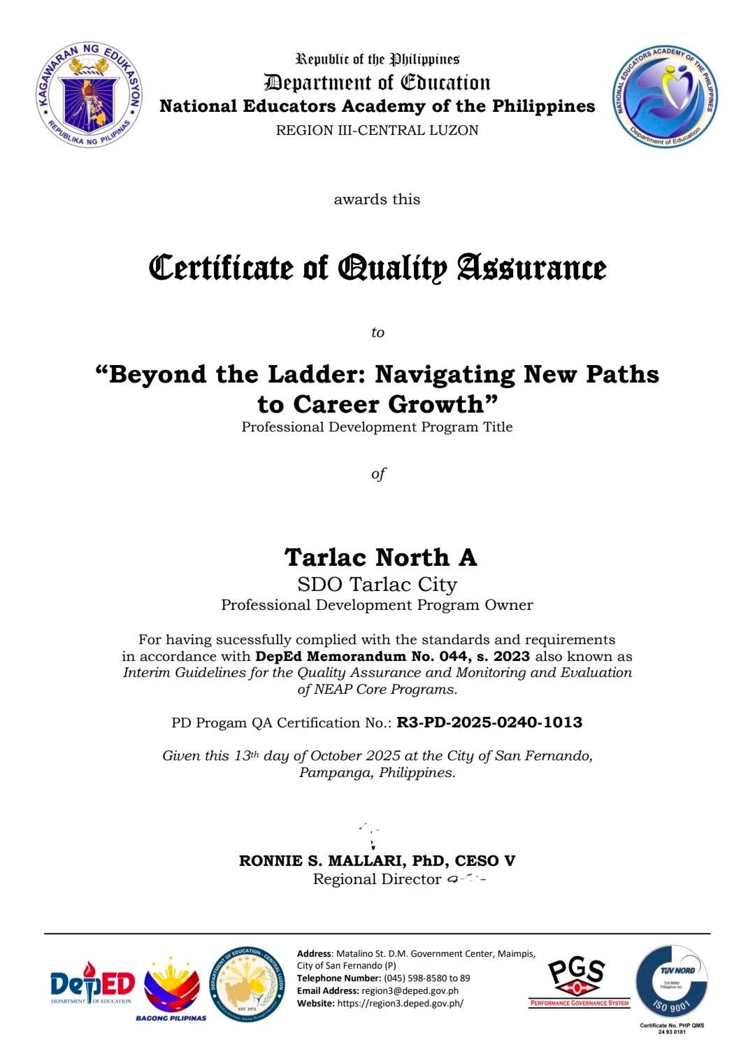 Alvindia-Aguso - 𝗧𝗮𝗿𝗹𝗮𝗰 𝗡𝗼𝗿𝘁𝗵 𝗔 𝗥𝗲𝗰𝗲𝗶𝘃𝗲𝘀 𝗡𝗘𝗔𝗣 𝗤𝘂𝗮𝗹𝗶𝘁𝘆 𝗔𝘀𝘀𝘂𝗿𝗮𝗻𝗰𝗲 ...