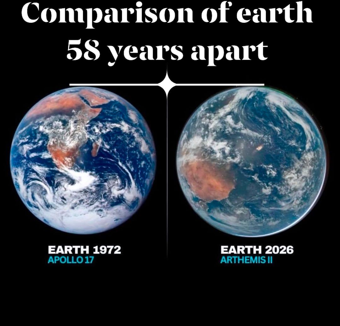 The photos, taken decades apart in 1968 and 2026, show Earth as it