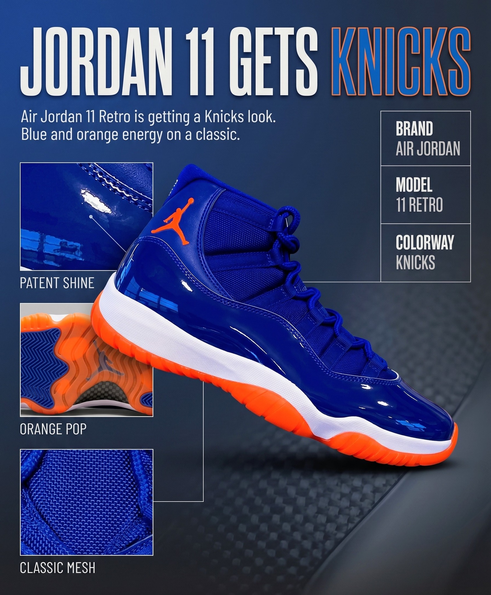 The Air Jordan 11 Retro receives a Knicks-inspired aesthetic. Blue 