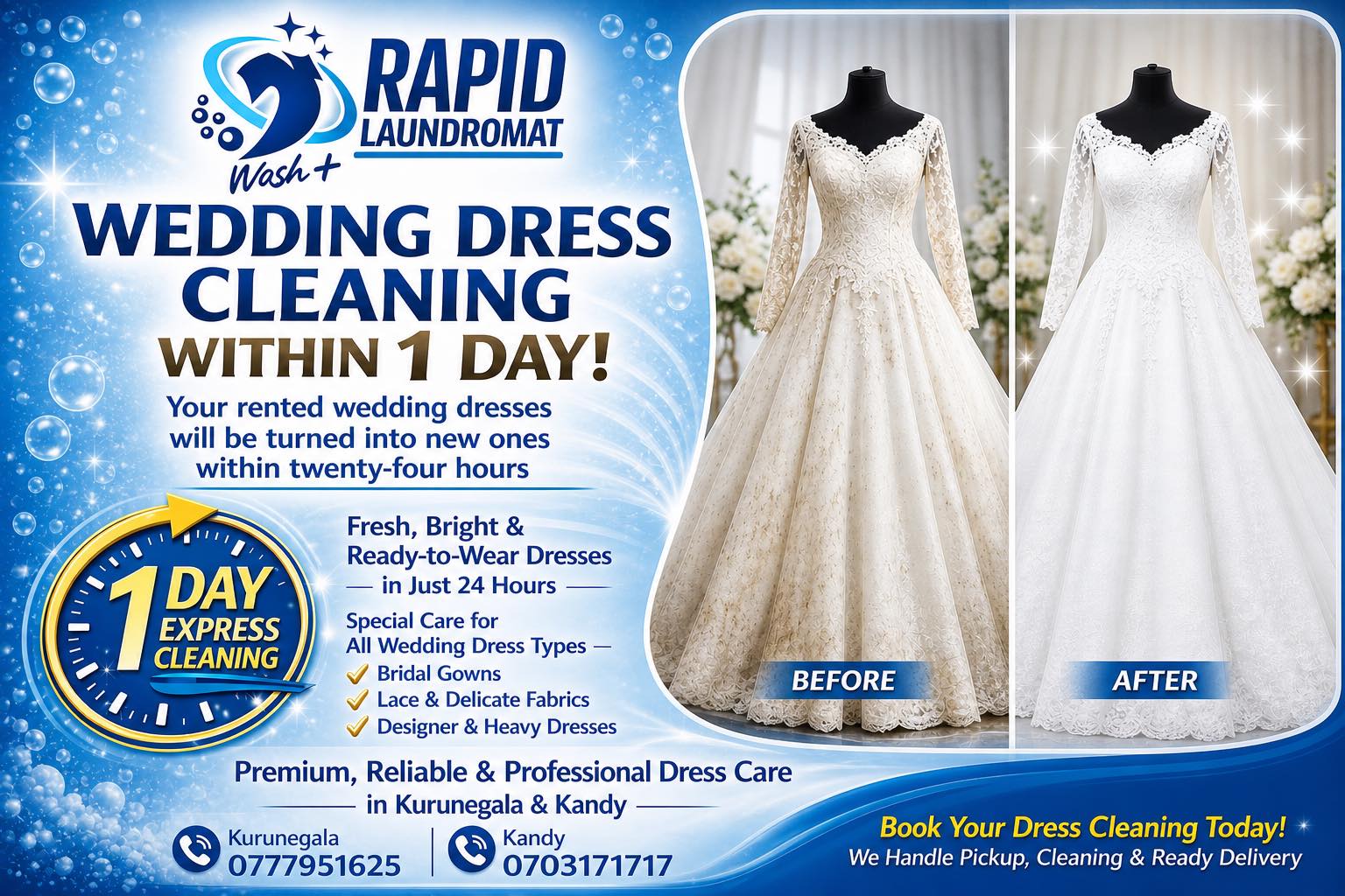 formal dress cleaning near me WEDDING WITHIN 1 DAY! Your rented wedding dresses will be turned into new ones within twenty-four hours Fresh, Bright & Ready-to-Wear Dresses in Just 24 Hours 🕒 1 DAY EXPRESS hc-25