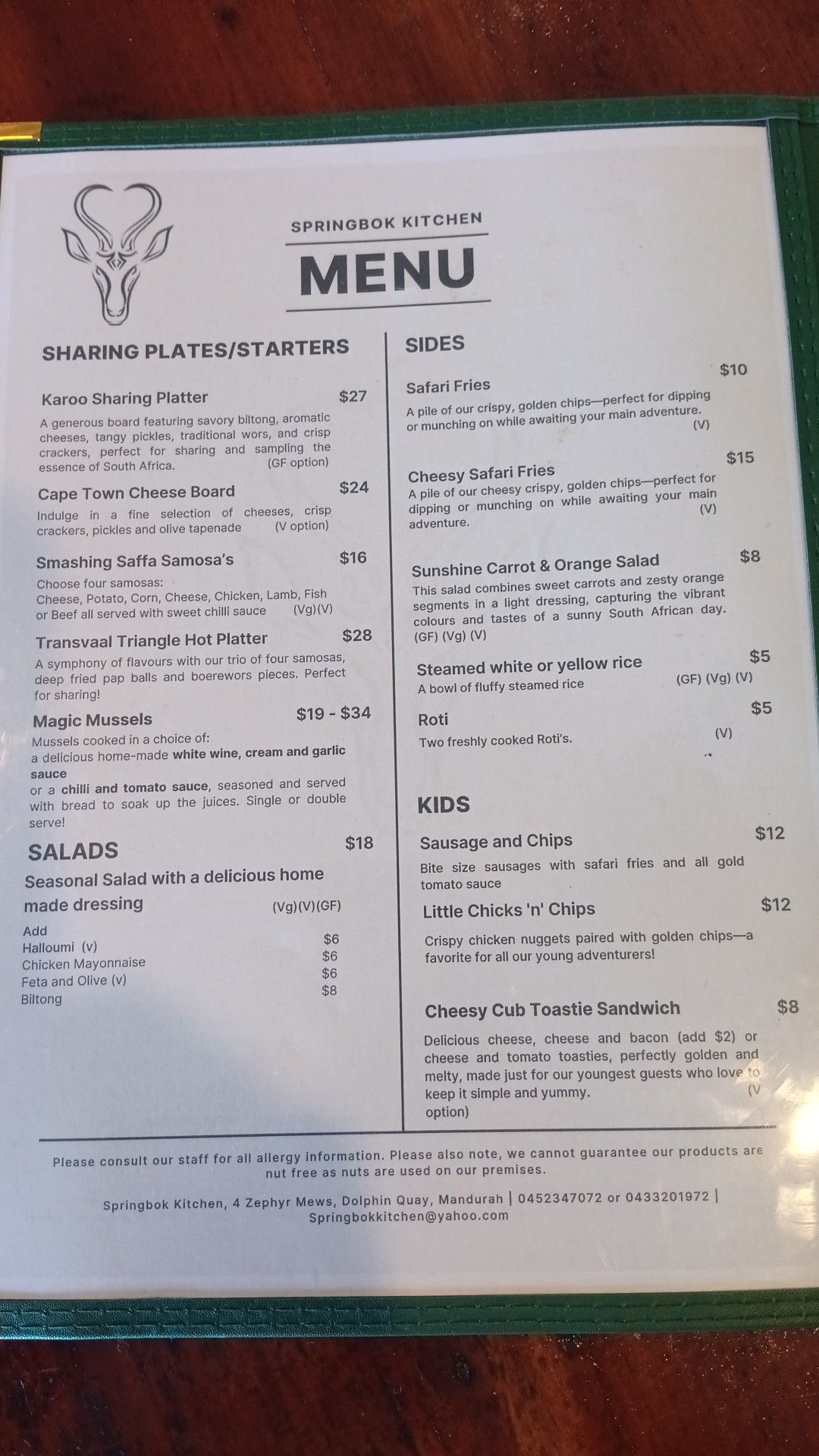 Our current menus including our... - Springbok Kitchen | Facebook
