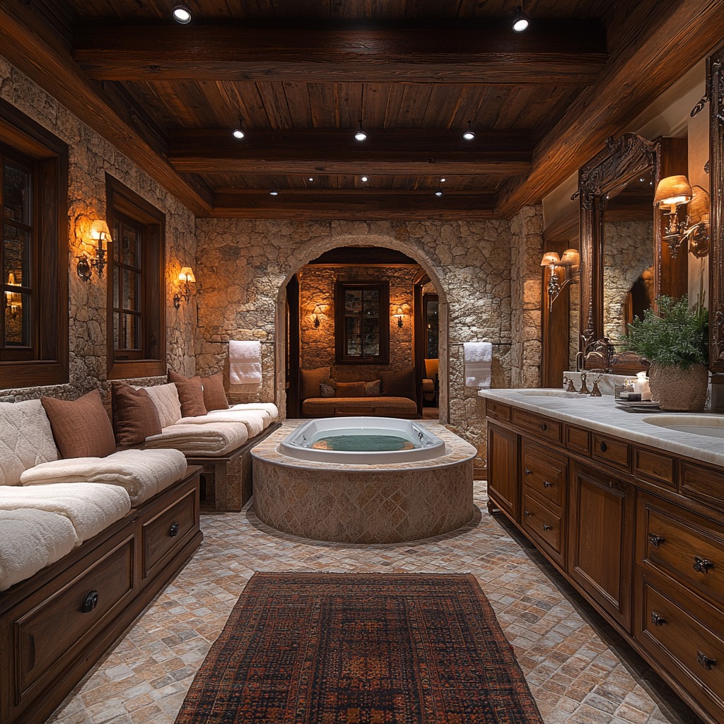 Home - This serene rustic spa bathroom features warm wood cabinetry, a ...
