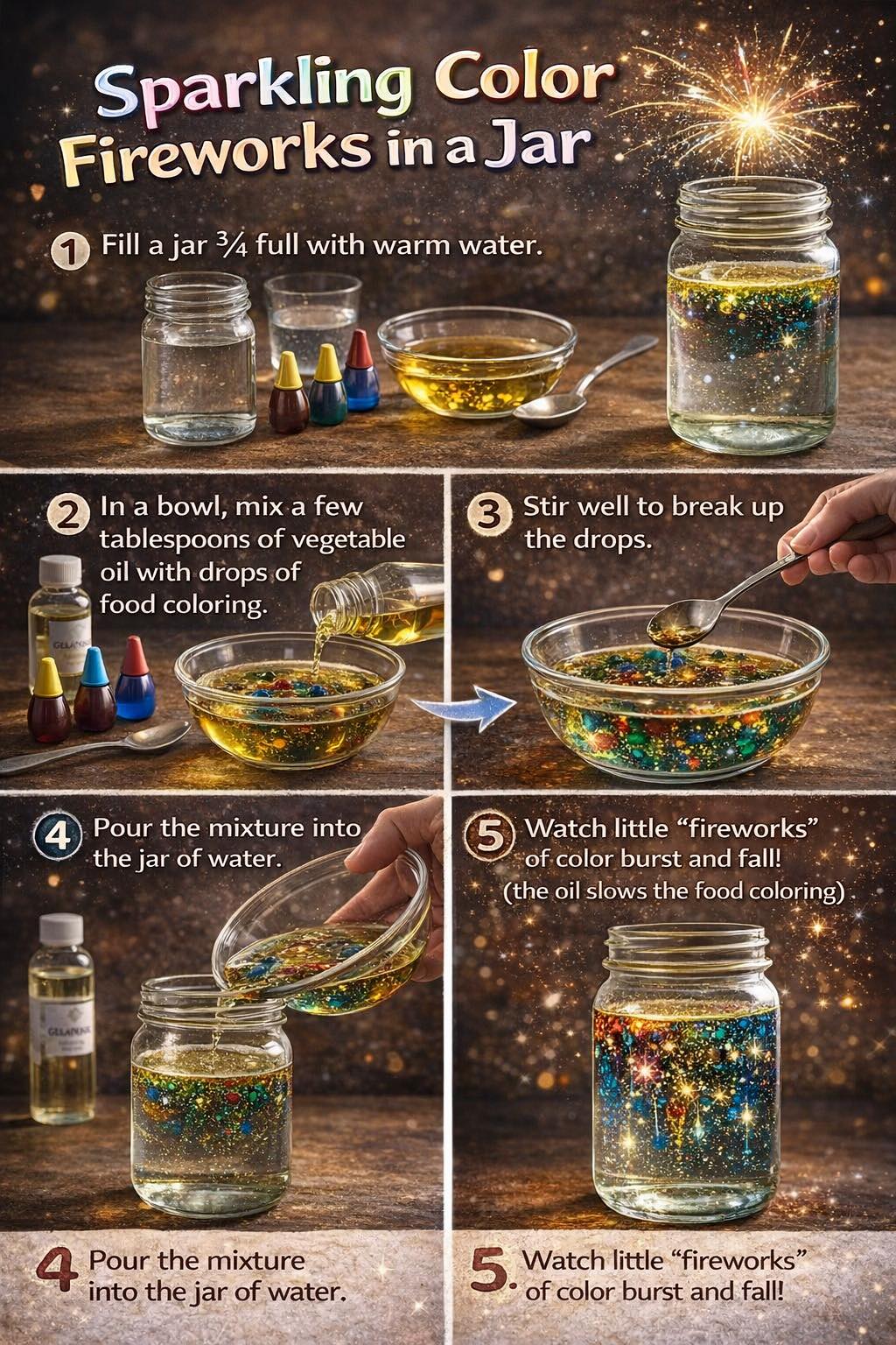 Easy - 🎆 Sparkling Color Fireworks in a Jar Fill a clear jar ¾ full ...