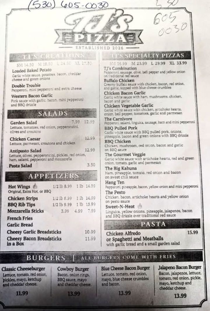 Tj's Creations menu in Redding, CA, offers specialty pizzas