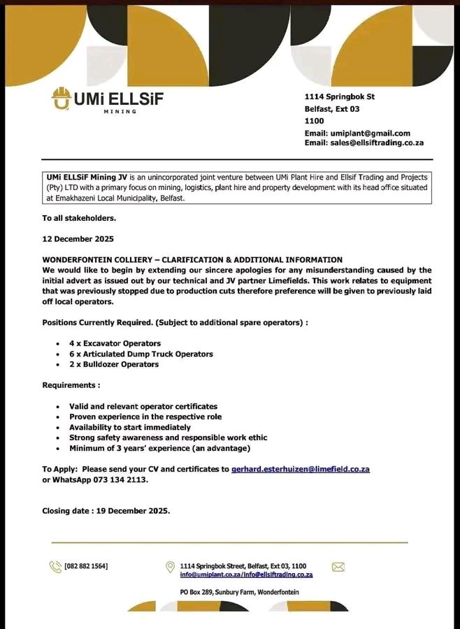 🚨 UMi ELLSiF Mining JV is Hiring! 🚨 📌 Positions Available: ✓ 4