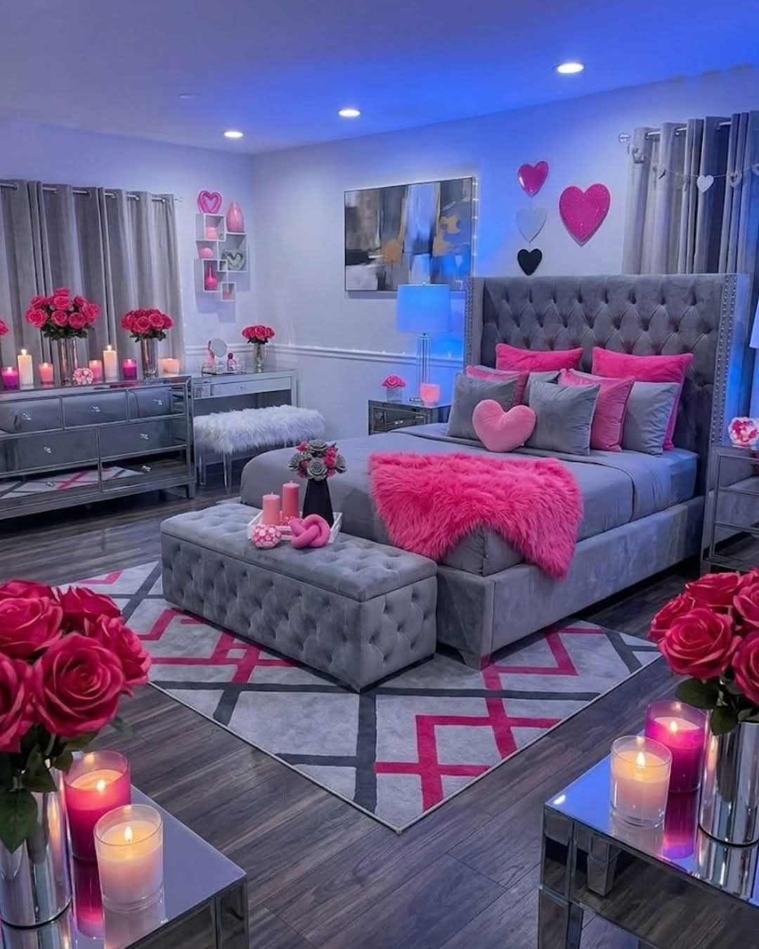 grey and pink dressing room Romantic glam bedroom with decor ExcludeFromSearch: false