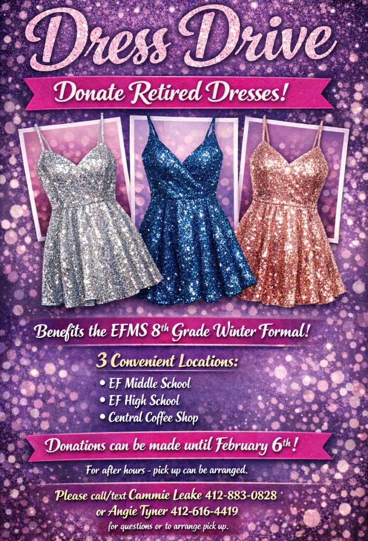Help the Middle School's 8th Grade Dance! Donate your retired dresses at the Middle School, the High School, or at Central Coffee Shop through February 6th. #WarriorProud #MSDance