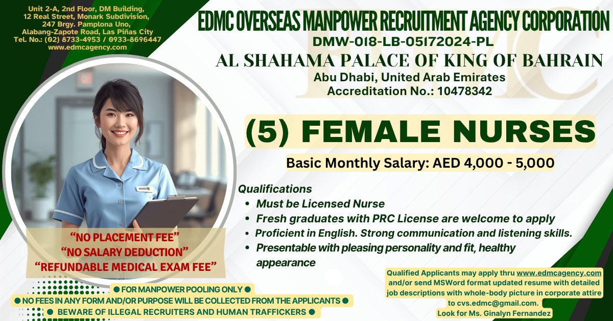 EDMC Agency - “NO PLACEMENT FEE” “NO SALARY DEDUCTION”... | Facebook