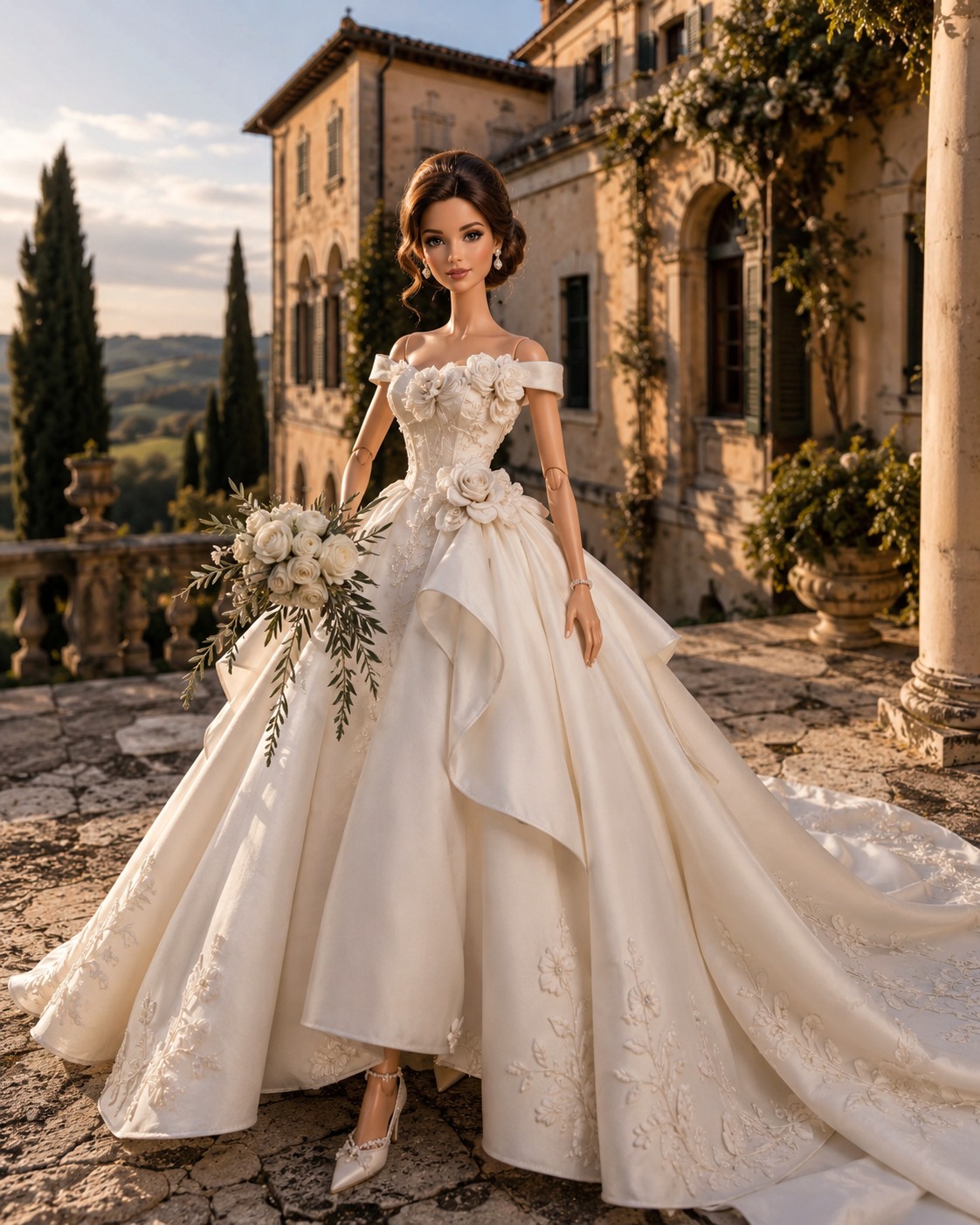 formal italian countryside wedding dress An dream, stitched in ivory. 🇮🇹🤍 Perched on a sun-kissed villa terrace overlooking Tuscany, Barbie steps into her ultimate Italian bridal fantasy sculpted silk, garden roses, pearls, and a cathedral train DLCORE