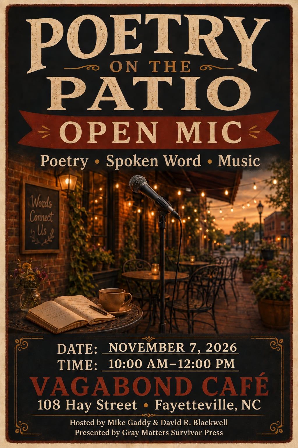 Poetry on the Patio open mic at Vagabond Café in Fayetteville, NC