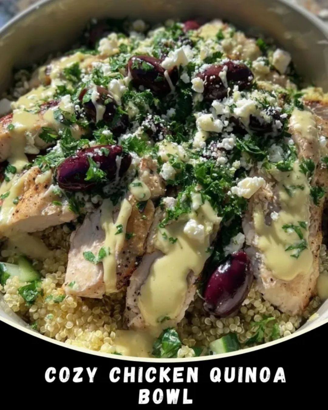 green veggie bowl with chicken & lemon tahini dressing Cozy (38g Protein) 🍋🥣 The easiest way to make dinner feel fresh and filling is warm quinoa, tender chicken, salty feta, and a creamy lemon drizzle on champagne prom dresses