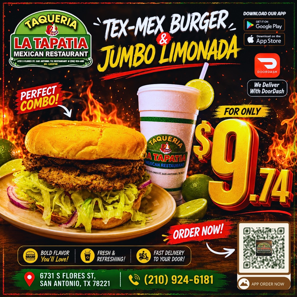 Tex-Mex burger and jumbo limonada combo at Taqueria La Tapatia