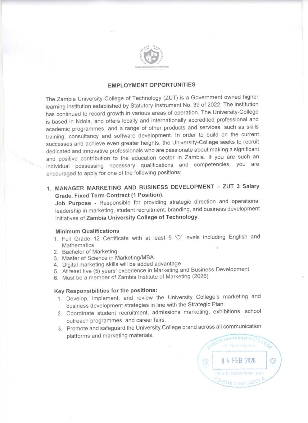 📢 EMPLOYMENT... - Zambia University College of Technology | Facebook