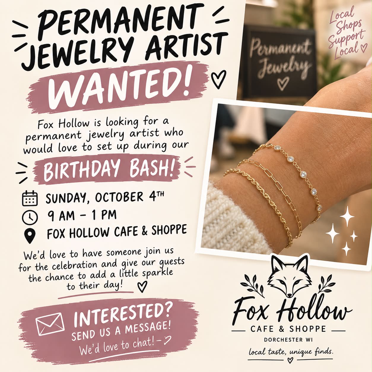 Permanent jewelry artist wanted for Fox Hollow's birthday bash in