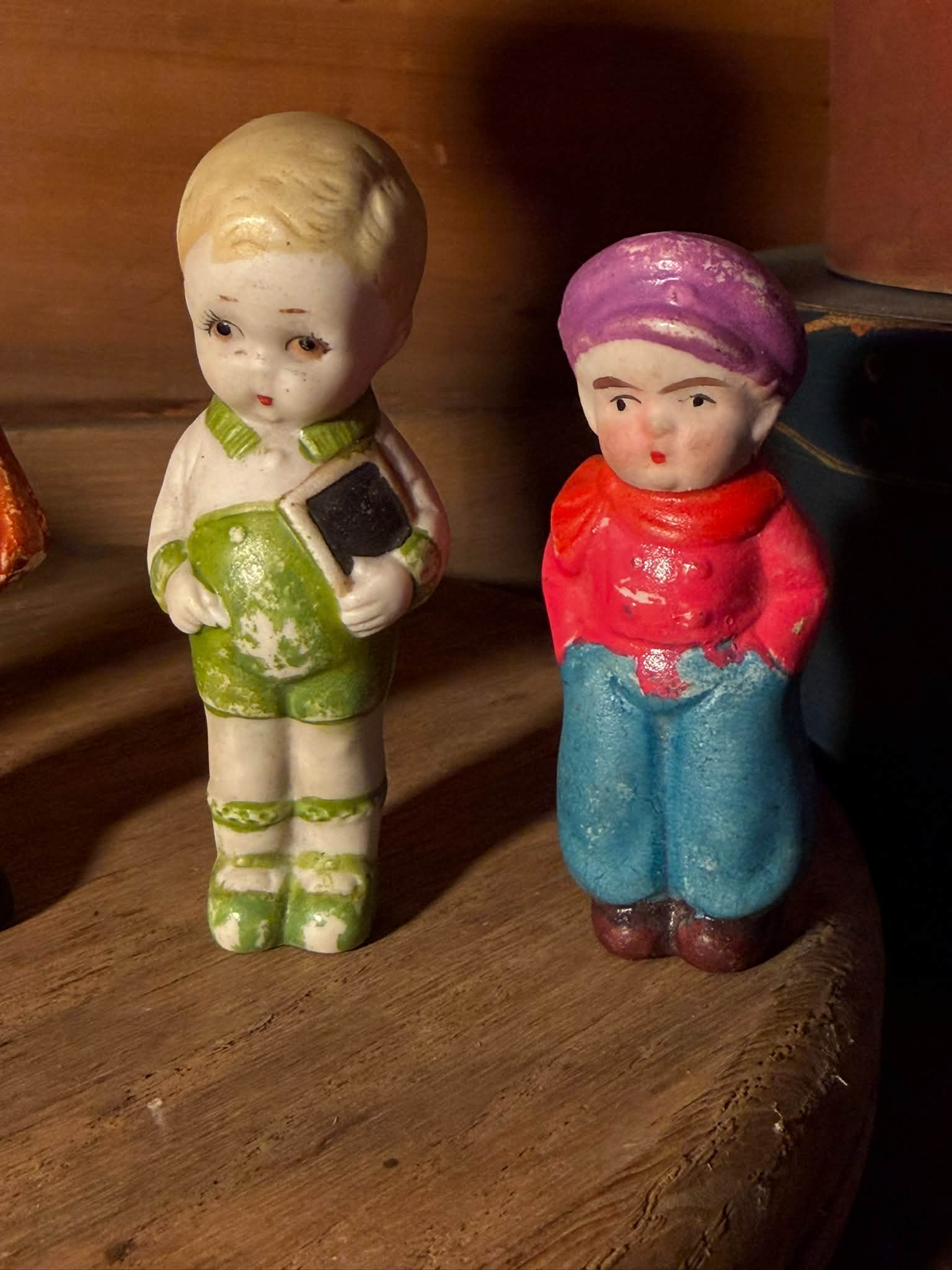 Vintage Bisque boy and girl shelf-sitter figurine, made to sit