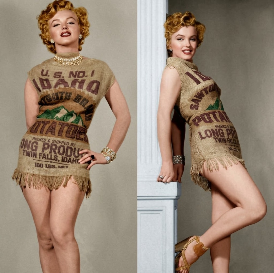 marilyn monroe brown dress wears potato sack WGD-2025 Feeling fiery and fabulous Size:standard (ivory satin)