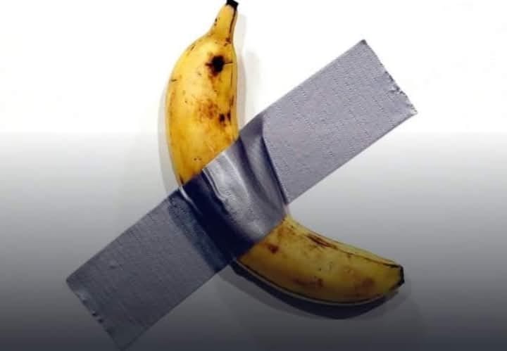 A piece of conceptual art consisting of a simple banana, duct