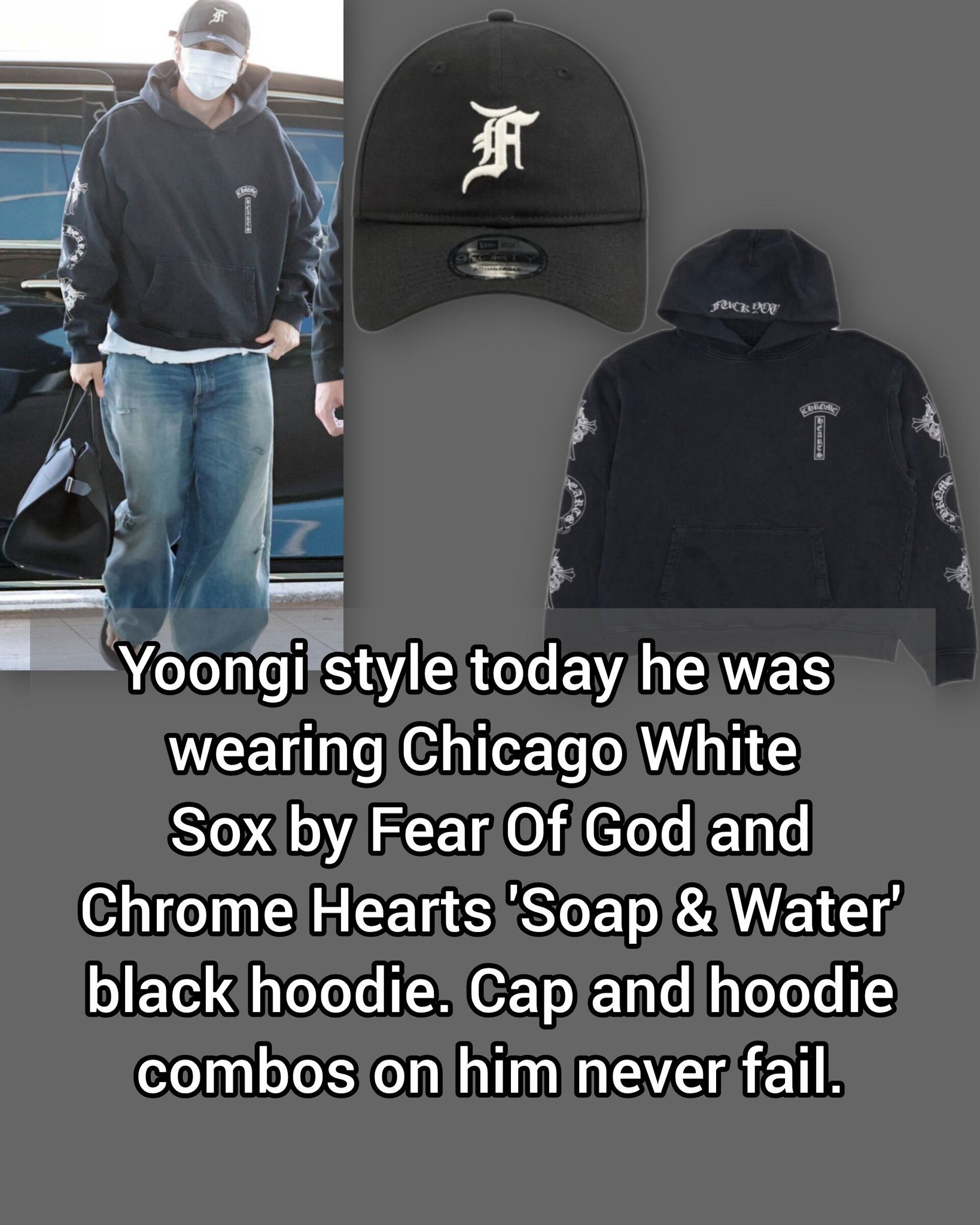 Yoongi outfit with Fear of God cap and Chrome Hearts hoodie