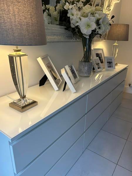 Ikea sideboard with malm chest of drawers and glass top