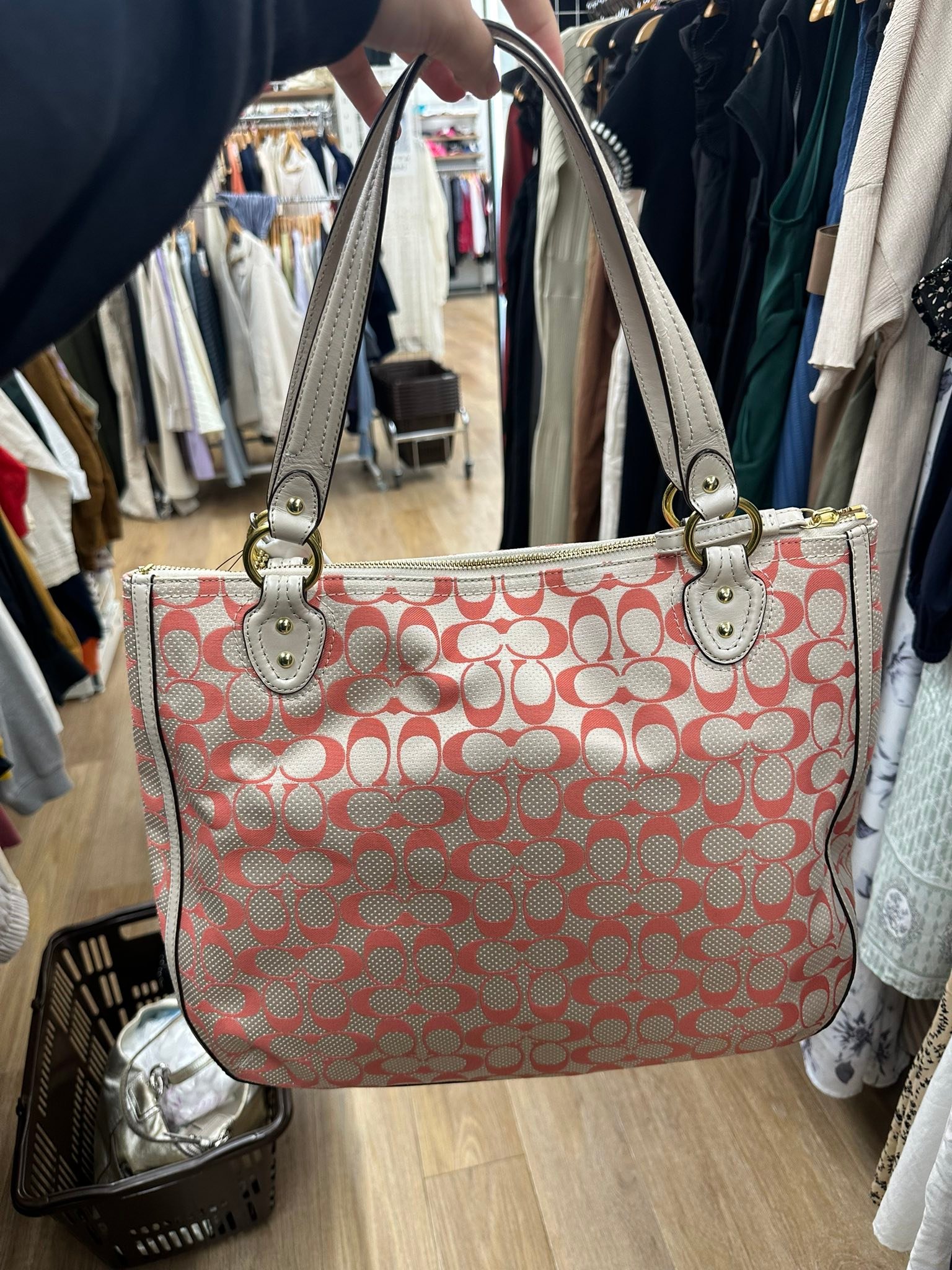 COACH Poppy Signature C Dot Hallie Tote Peach Coral Cream Polka