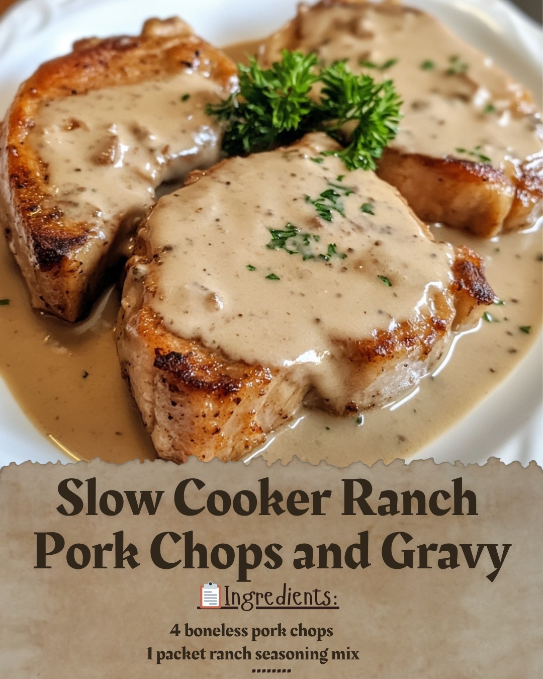 crockpot pork chops with ranch dressing and brown gravy mix Slow Cooker Golden Sweet, juicy pork chops with a delicious golden ranch gravy. Recipe Here: https://bakeatmidnite.com/ slow-cooker-pork-chops-with-golden Round neck Guide to Maid of Primary color:Blush