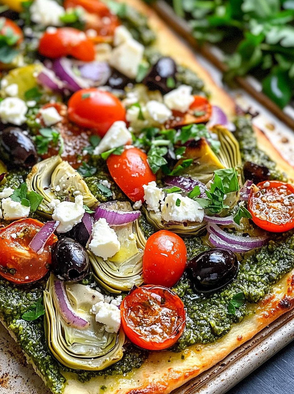 Grid - Golden Flatbread with Spinach Pesto, Roasted Vegetables, and ...
