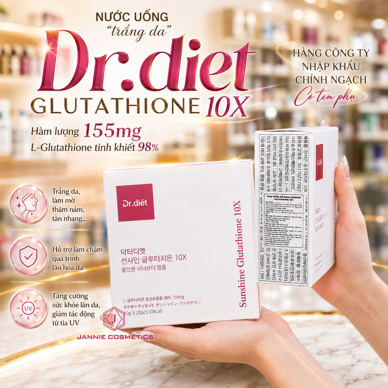 Nước uống trắng da Dr.Diet Sunshine Glutathione 10X – Đẹp rạng rỡ từ bên trong ☀️Dr.Diet Sunshine Glutathione 10X – bí quyết giúp da trắng sáng, khỏe mạnh, chống oxy hóa hiệu