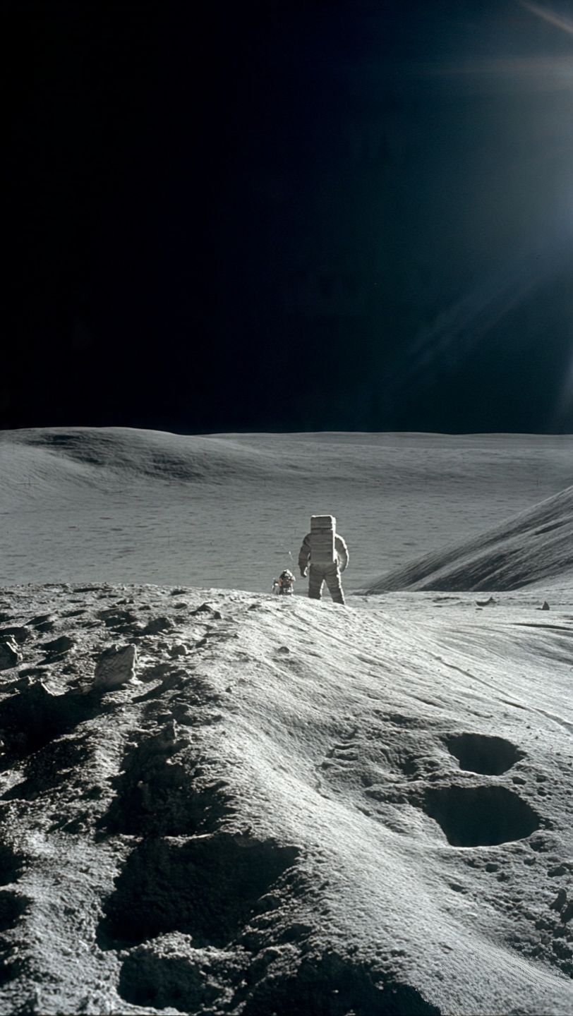 Moon - An Apollo astronaut stands on a lunar ridge, overlooking the ...