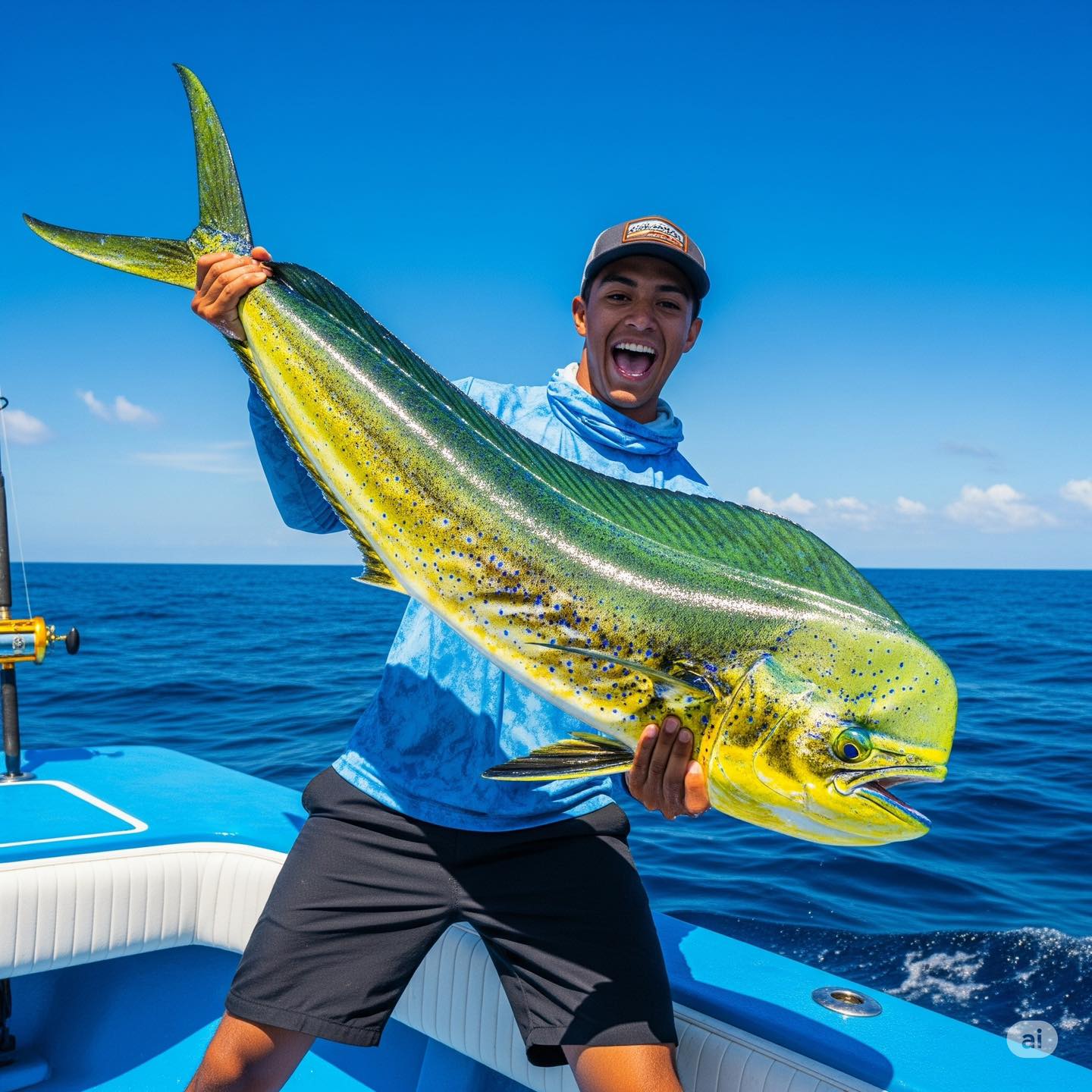 Just landed a monster dolphin fish (mahi-mahi) — over 75 lbs