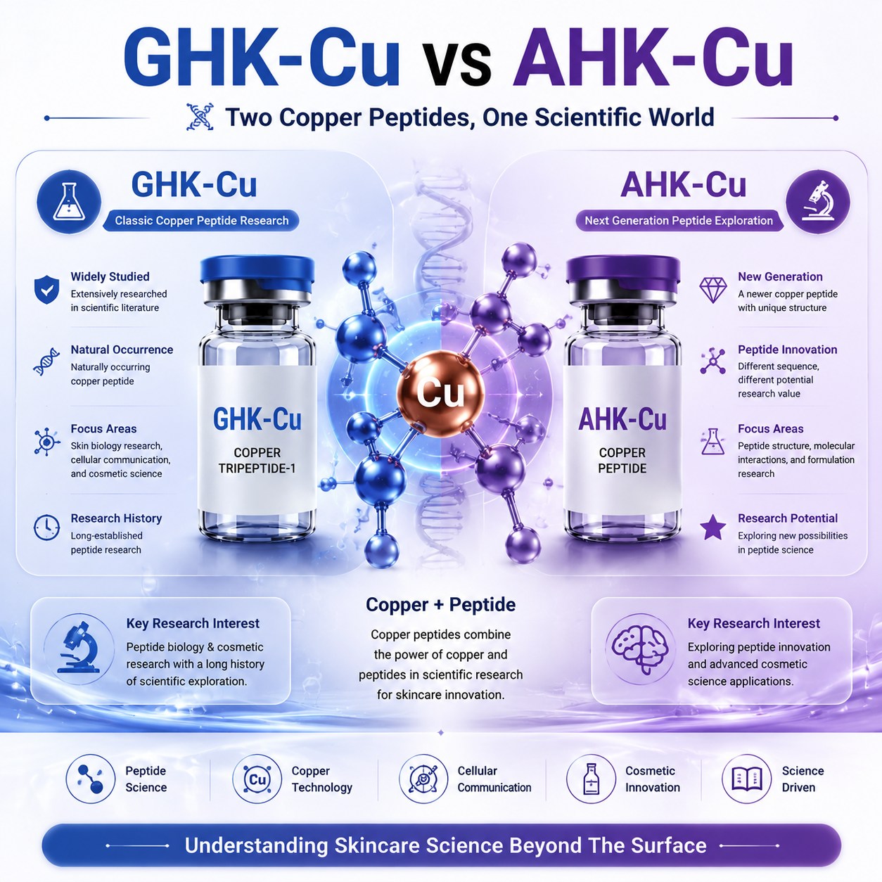 🧬 GHK-Cu vs AHK-Cu* ## ✨ Understanding Two Popular Copper Peptides in Skincare Science When people explore modern skincare science, two names often appear together: **GHK-Cu** and **AHK-Cu** Both belong to