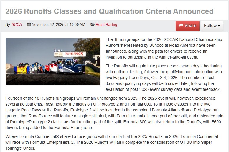 San - SCCA National has announced 2026 Runoffs classes & updated ...