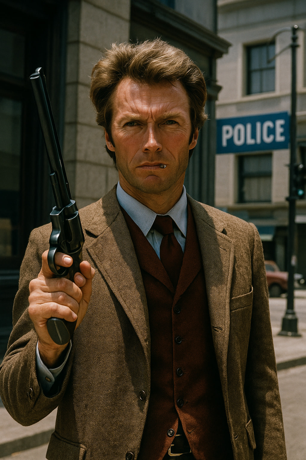 Clint Eastwood as Harry Callahan holding his 44 Magnum Gun in