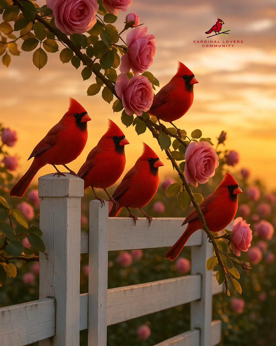 Cardinal - Vibrant cardinals gather on a white fence amid blooming ...