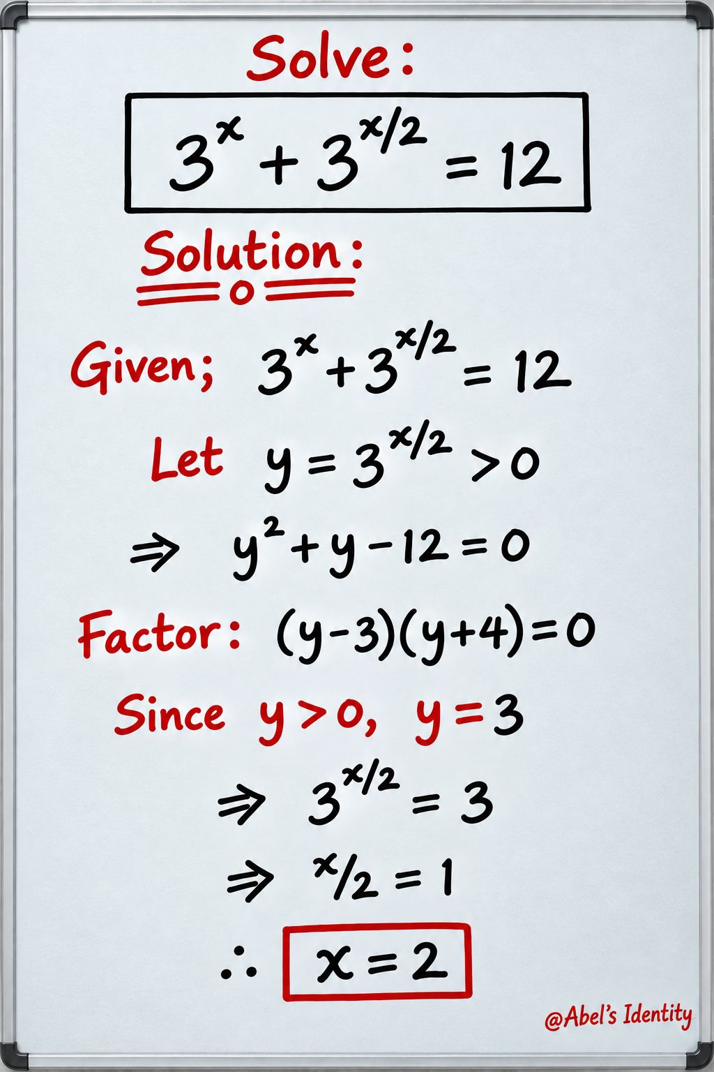 Solving the equation $3^x + 3^{x/2} = 12$ in algebra